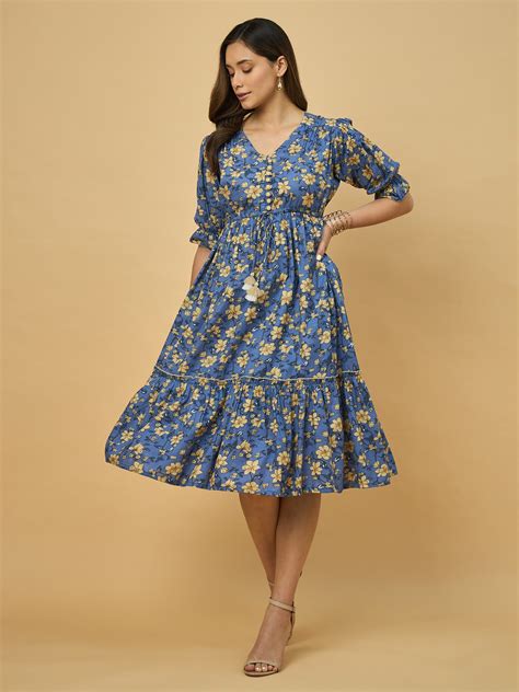 Azira Printed Cotton V-Neck Tiered Midi Dress – Azira-Ind