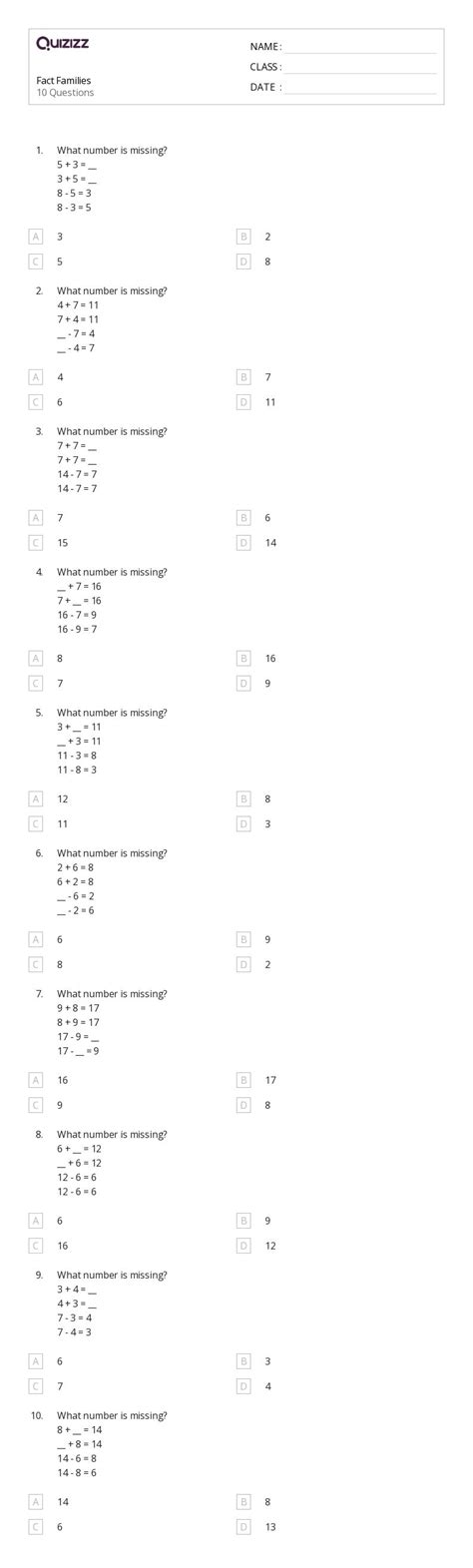 50+ Fact Families worksheets for 1st Class on Quizizz | Free & Printable