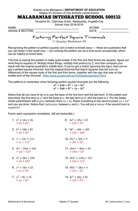 Factoring Perfect Square Trinomials Worksheet | PDF