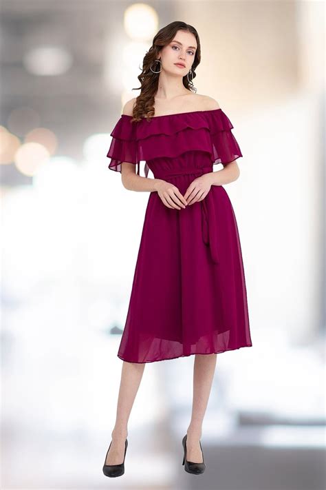 Purple Carmen Neck Chiffon Midi Dress | Ada Style