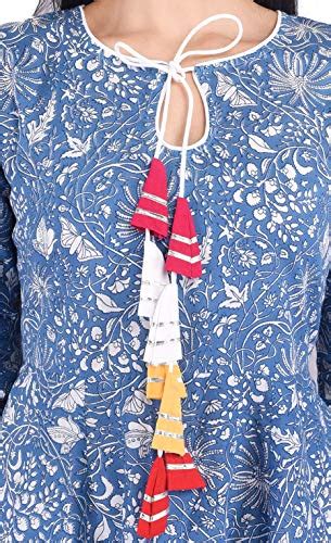 DECKEDUP Blue Printed Cotton Anarkali with Multicolour Gotta Tussel ...