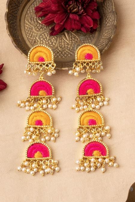 Buy Pink Pearls, Zari Mystic 4 Tier Semicircular Motif Dangler Earrings ...