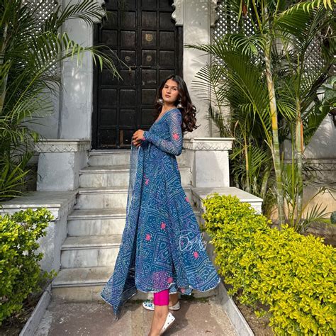 Teal Blue Bandhani Anghrkha style Anarkali Suit Set With Duptta ...