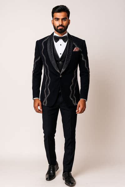 Black Tuxedo with Metallic Wave Motif – aadaran