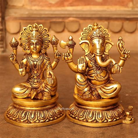 8" Brass Superfine Exquisite Ganesha Lakshmi Idols pair - Craftview