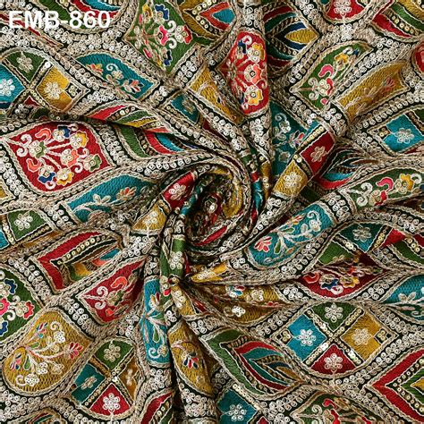 Green Indian Embroidery Fabric by the Yard Embroidered Georgette Sewin ...