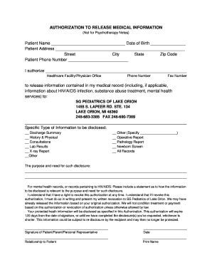 Fillable Online AUTHORIZATION TO RELEASE MEDICAL INFORMATION (Not for ...