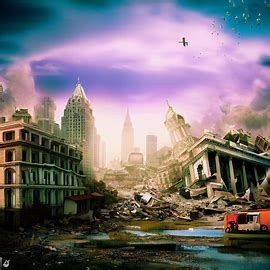 imagine a surreal landscape of a city devastated b - Image Creator in Bing