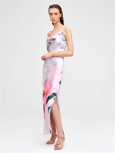 Pink floral print satin maxi slip dress