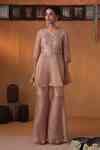 Buy Pink Tissue, Linen, Satin Embroidery V-neck Drape Kurta Set With ...