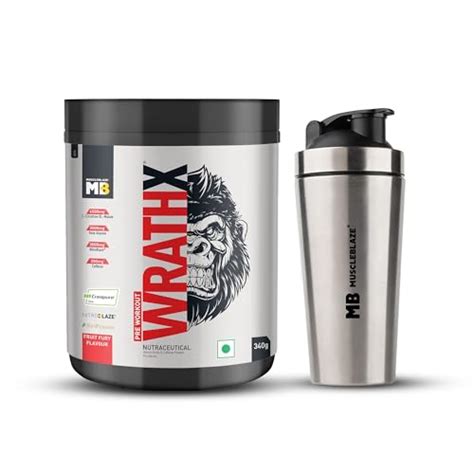 MuscleBlaze Pre Workout Wrathx Powder, Fruit Fury (340g) + Stainless ...