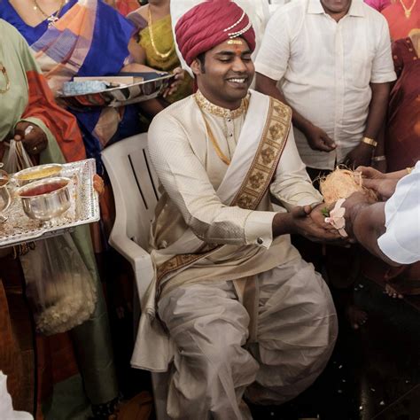 Groom Dr Gowtham Reddy in a silk panchakacham suit by Archana Karthick