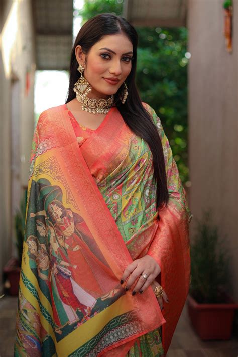 Buy Sun Yellow and Orange Digital Printed Kalamkari Saree Online ...