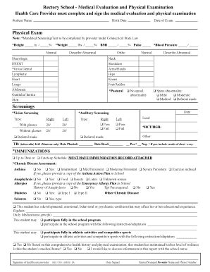 Fillable Online Rectory School - Medical Evaluation and Physical ...