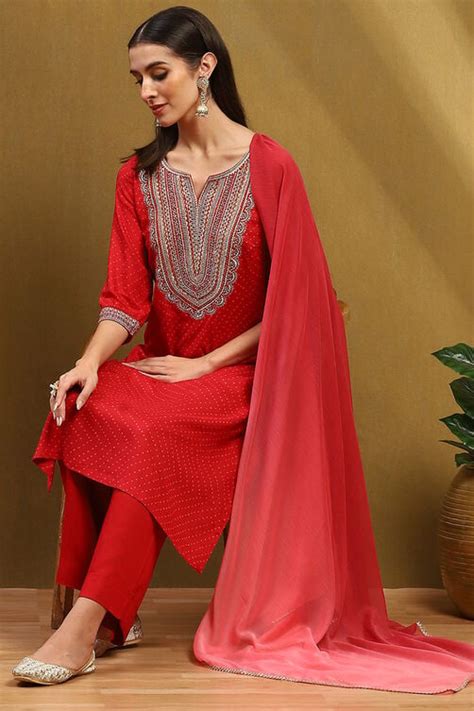 Cherry Red Bandhani Printed Straight Suit Set at Biba India