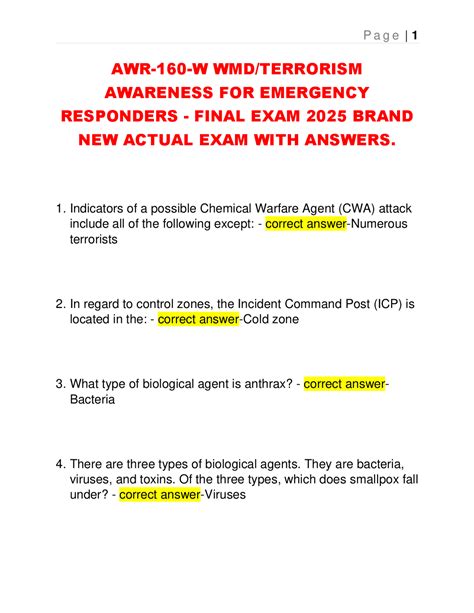 AWR-160-W WMD/TERRORISM AWARENESS FOR EMERGENCY RESPONDERS - FINAL EXAM ...