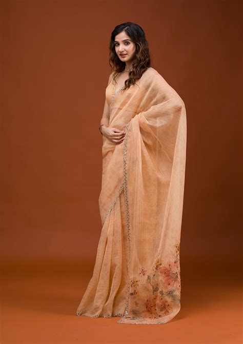 Buy Peach Printed Tissue Saree - Koskii