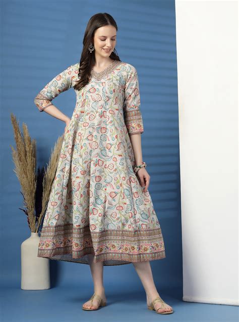 Graceful Beige Anarkali Dress with Printed & Threadwork Details – Rama ...