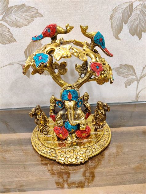Buy Metal Statue of Lord Ganesha Under Tree with Riddhi Siddhi and Semi ...