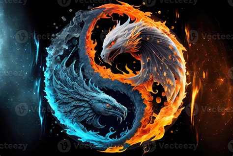 Fire Phoenix and Ice Dragon in the Yin and Yang on dark background ...