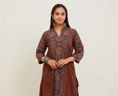 Brown Ajrakh Patch Work Cotton Kurta with Pants- Set of 2