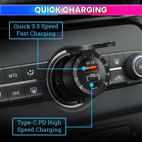 12V Quick Charge USB 3.0 & Type-C PD Outlet with LED Bar – Car/Bike Use ...