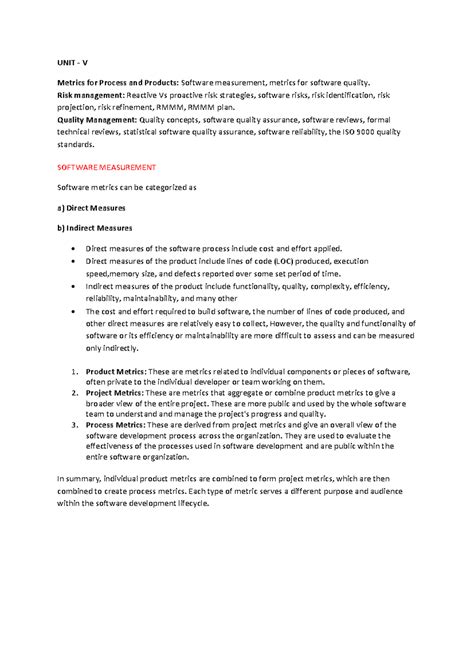 Software engineering notes unit 5 risk ,quality - UNIT - V Metrics for ...
