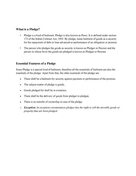 Pledge - Notes on business law - What is a Pledge? Pledge is a kind of ...