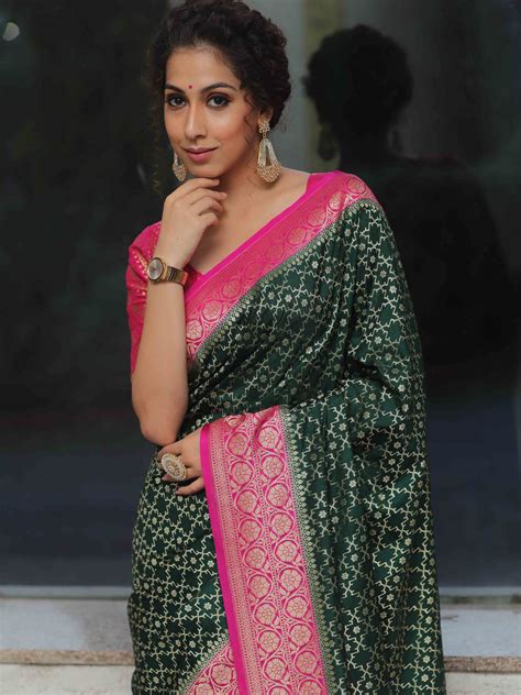 Banarasee Semi-Katan Zari Jaal & Contrast Border Saree-Green & Pink