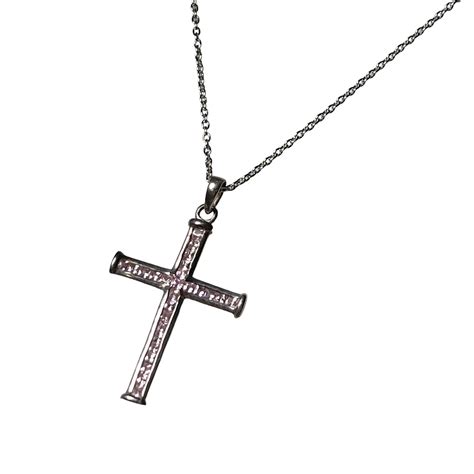 vintage silver cross pendant necklace set with pink rhinestone | NOIR ...