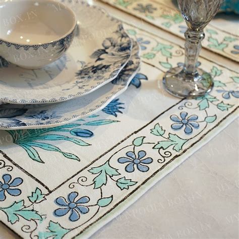 Buy Neelam Blue Floral Block Print Cotton Table Mat Set Of 6 Online in ...