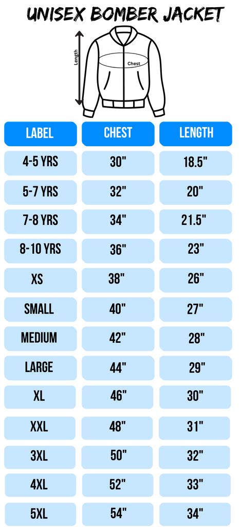 Unisex Bomber Jacket Size Chart – T Bhai