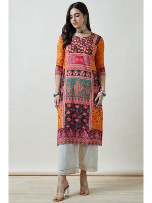 Buy Soch Women Mustard Floral Printed Regular Fit Blended Fabric Kurta ...