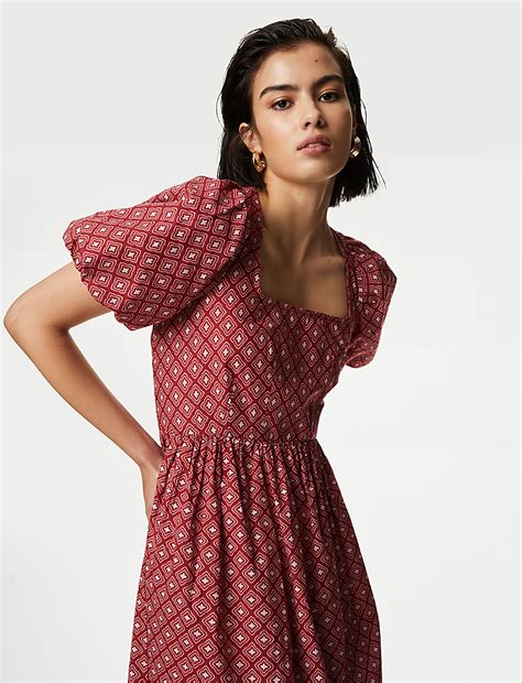 Buy Pure Cotton Printed Square Neck Midi Waisted Dress at Marks & Spencer