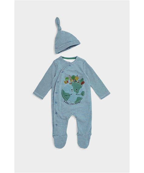 Mothercare Boys 100% Cotton Self Design SleeepSuit with a Hat - Blue
