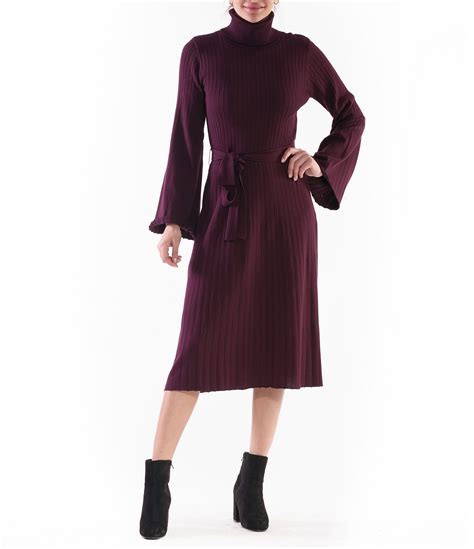 Julia Jordan Knit Turtleneck Long Bell Sleeve Belted A-Line Sweater ...