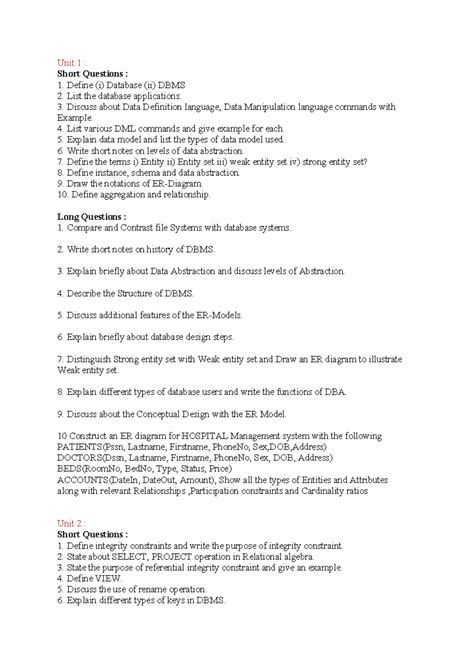 DBMS Question BANK - notes - Unit 1 : Short Questions : Define (i ...