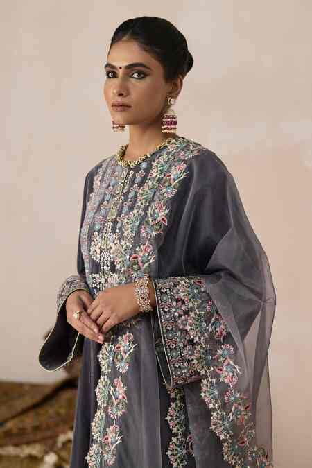 Buy Grey Organza Embroidery Floral Border Dupatta For Women by Inej ...