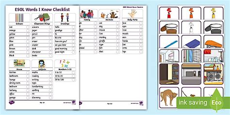 ESOL Words I Know Checklist and Flashcards