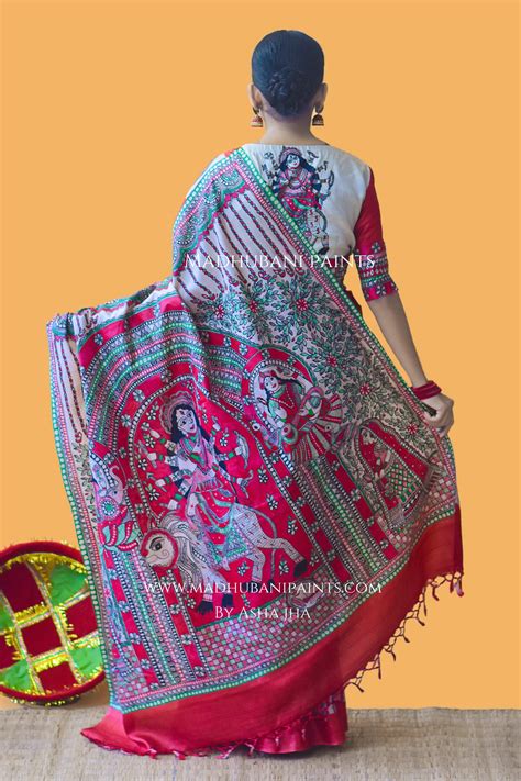 LAAL NARAYANI Hand-painted Tussar Silk Saree – MADHUBANI PAINTS BY ASHA JHA