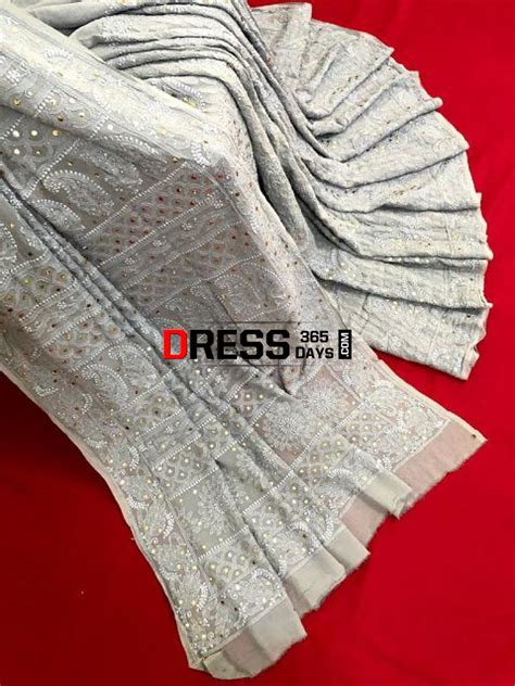 Grey Lucknowi Chikankari Saree with Mukaish Work – Dress365days
