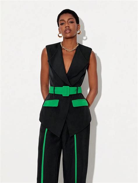 Floral Contrast Panel Belted Vest Blazer | SHEIN USA