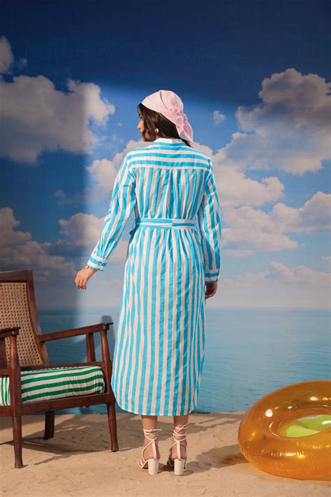 Aqua Blue Striped Shirt Dress with Belt | PRIAMÉ by Scakhi – SCAKHI