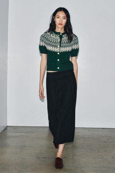 JACQUARD KNIT SHORT SLEEVE CARDIGAN - Green | ZARA India