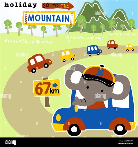 Funny elephant driving car, vehicles in road trip to mountains, vector cartoon illustration ...