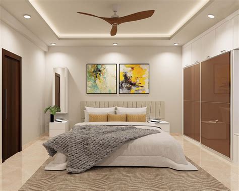 Spacious Beige Master Bedroom Design With Brown Glossy Sliding Wardrobe ...