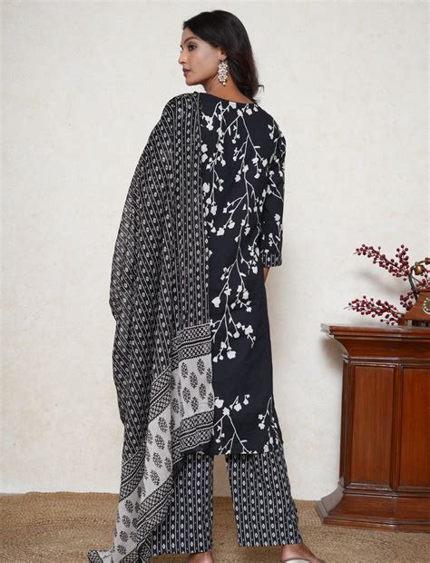 Black floral print cotton suit set – Paridhaanam