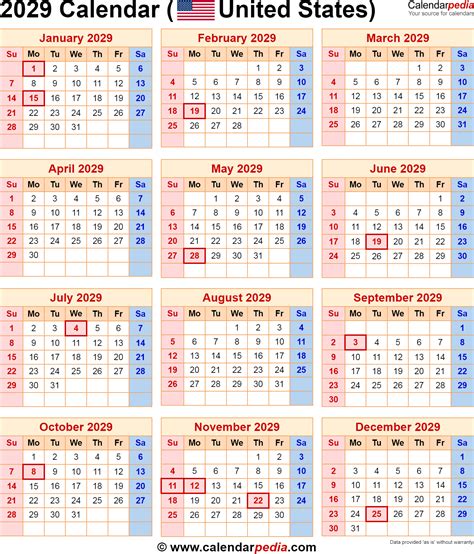 2029 Calendar for the USA, with US Federal Holidays