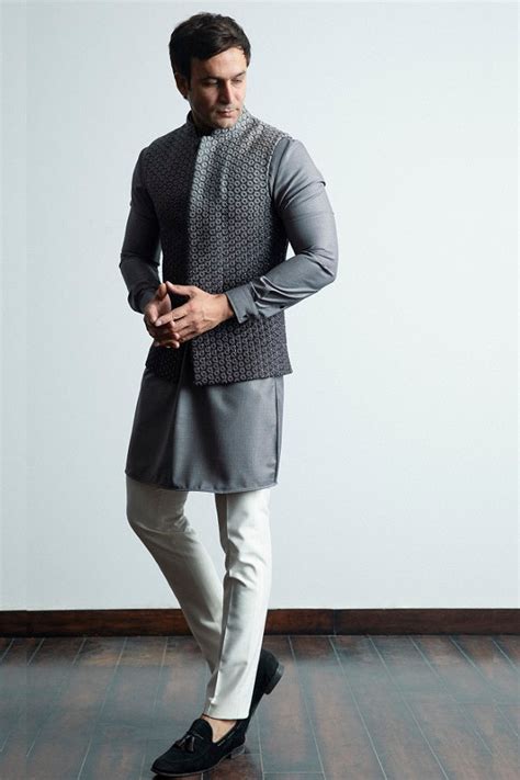 Dark grey ombre hand embellished nehru jacket – Linebyshamimkhan