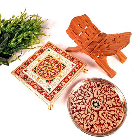 Buy Pooja Chowki, Thali & Holy Book Holder Set - Combo Pack of 3 Online ...